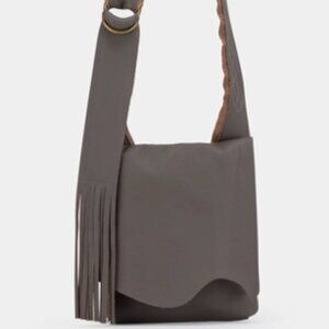 MOLLY G Wanderer Fringe Leather Crossbody Bag Taupe Gray